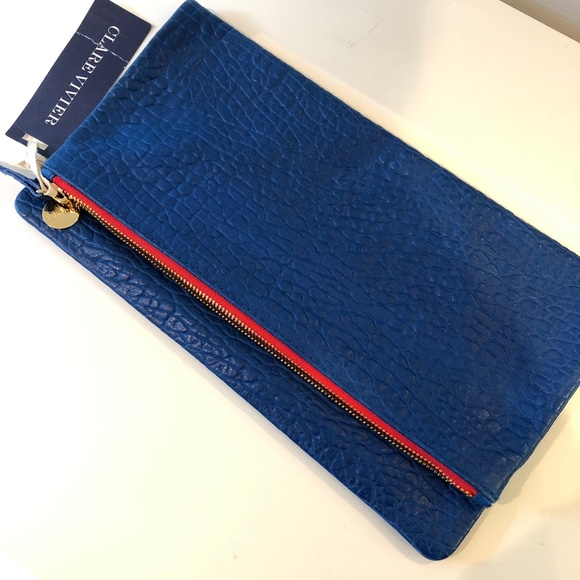 Clare V Handbags - CLARE V. FOLDOVER CLUTCH IN BLUE PEBBLE RED ZIPPER